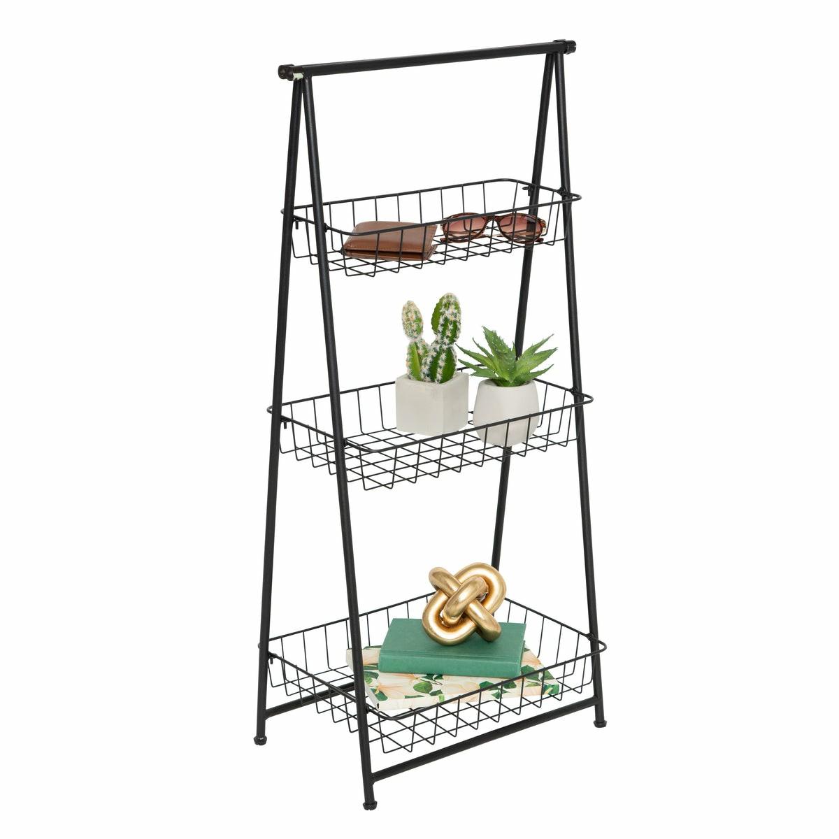 Black 3-Tier Folding A-Frame Storage Caddy Accent Furniture