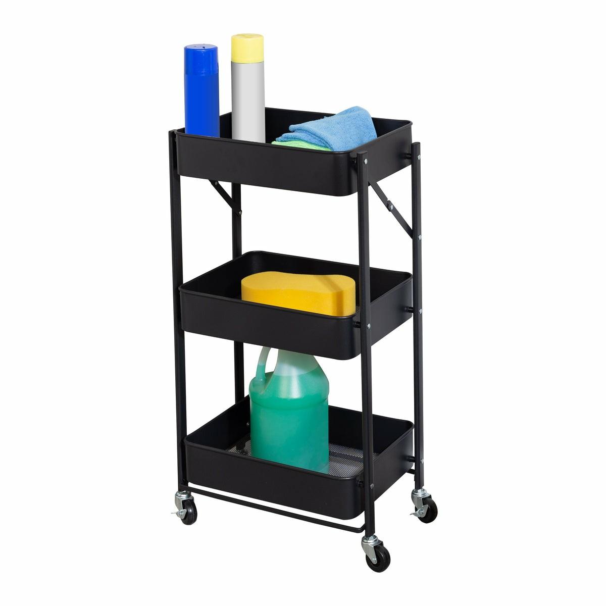 Black 3-Tier Metal Folding Utility Cart Carts