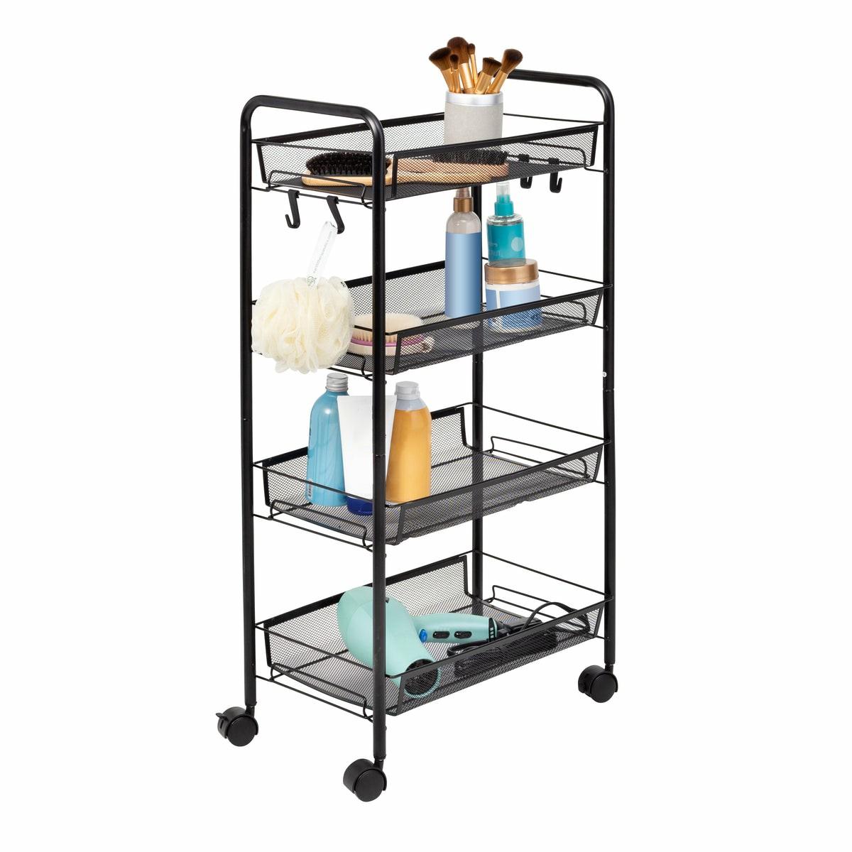 Black 4-Tier Metal Storage Cart With 5 Hooks Carts