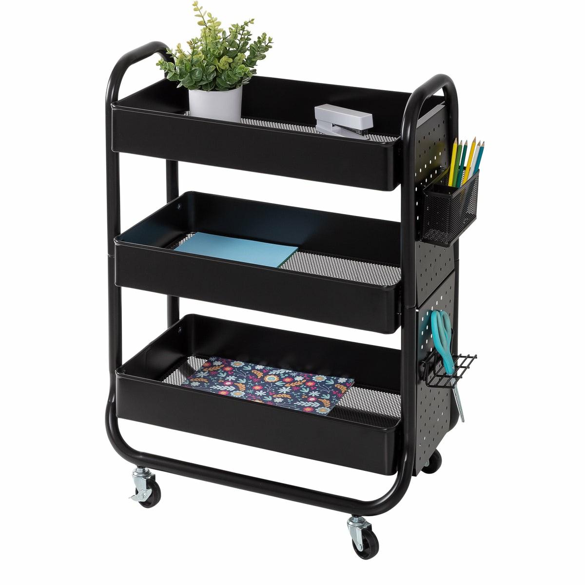 Black Craft Cart With Wheels, Pegboard, Shelf, And Metal Basket Carts