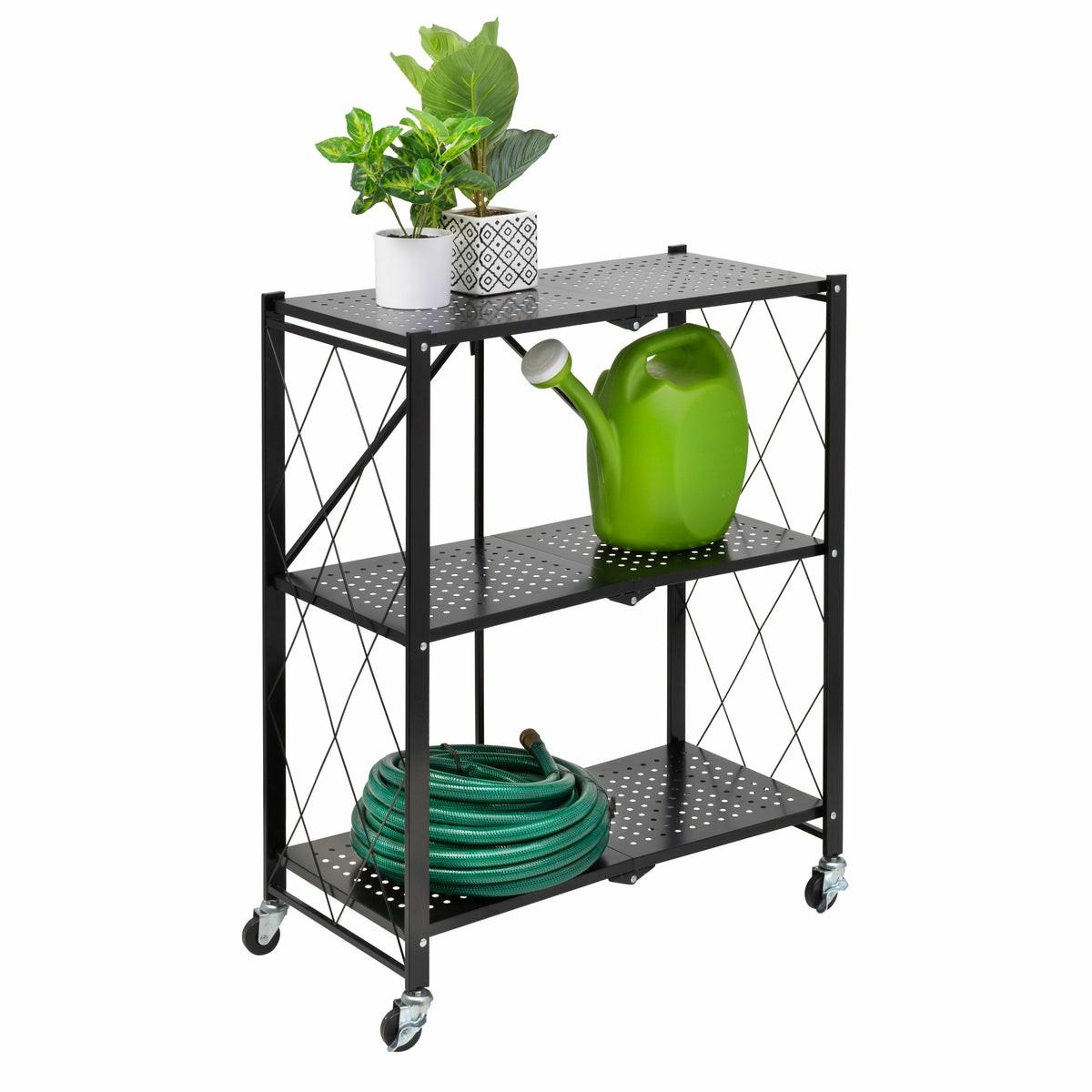 Black Folding 3-Tier Metal Rolling Shelf Carts