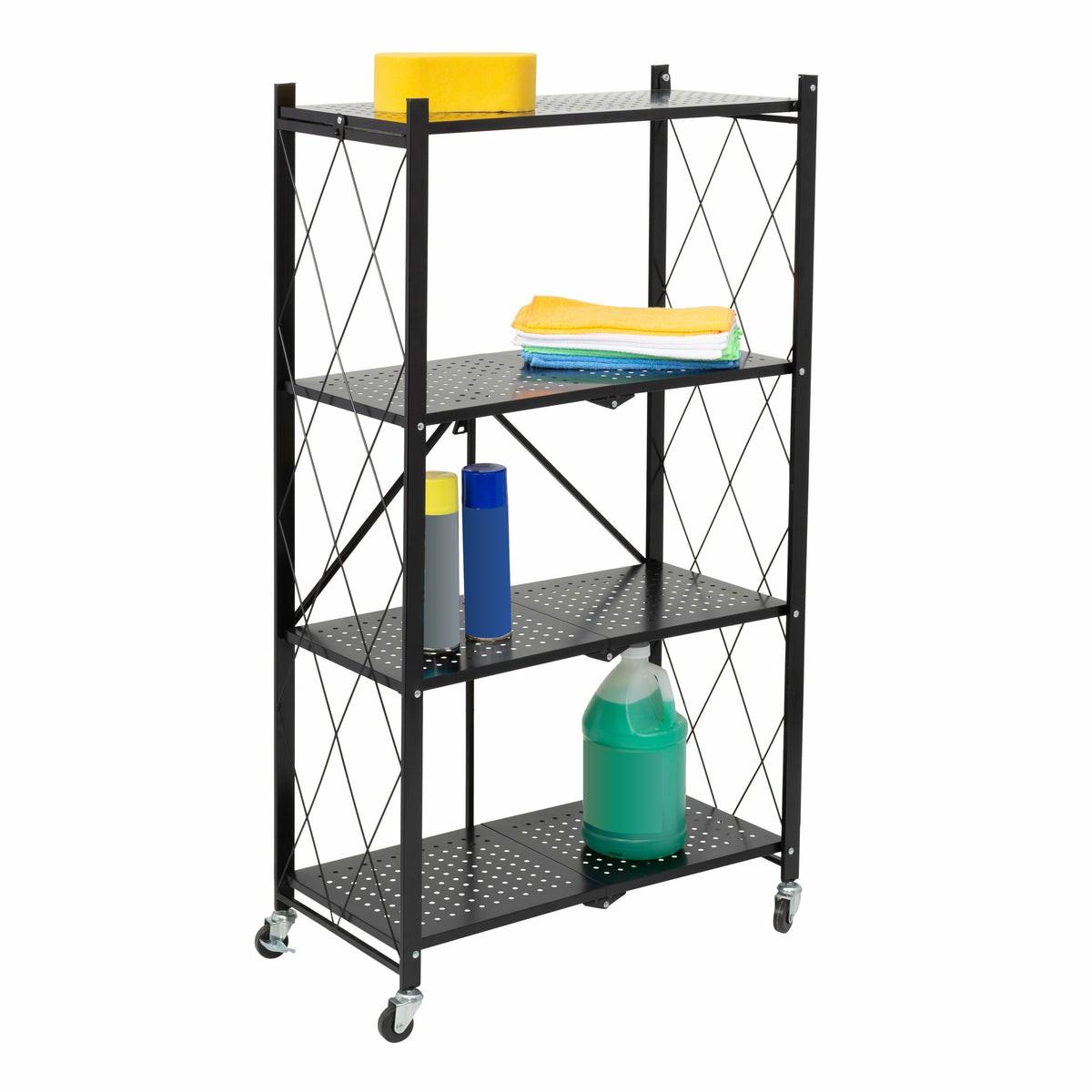 Black Folding 4-Tier Metal Rolling Shelf Carts