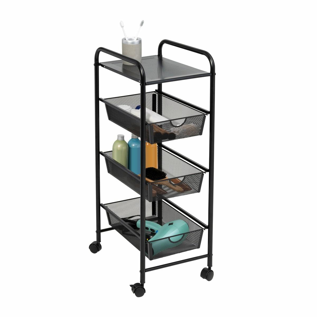 Black Metal Mesh 3-Drawer Storage Cart Baker's Racks & Carts