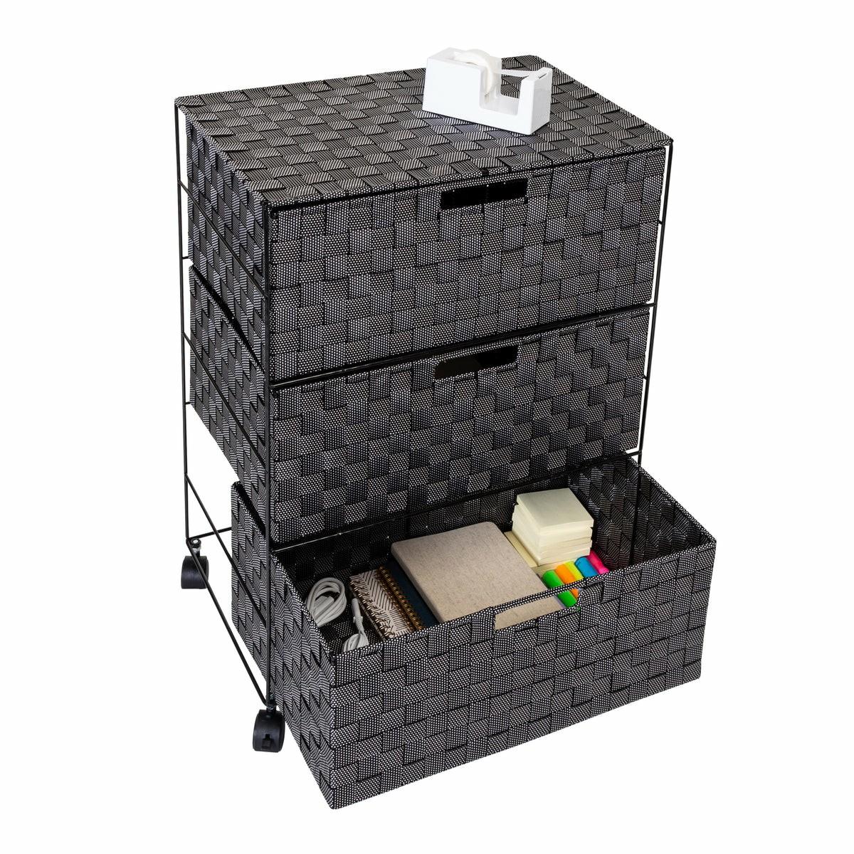 Black Woven 3-Drawer Rolling Office Organizer Accent Furniture