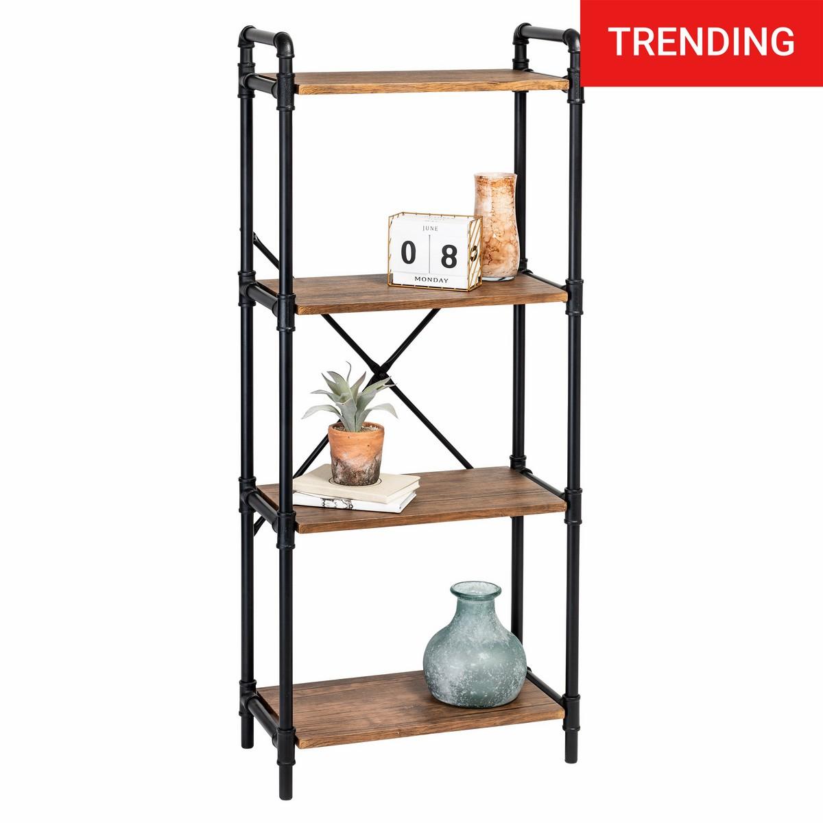 Black/Brown 4-Tier Industrial Bookshelf Shelving & Racks