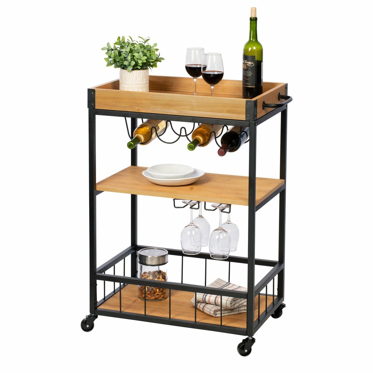 Black/Brown Industrial Bar Cart With Removable Serving Tray Baker's Racks & Carts