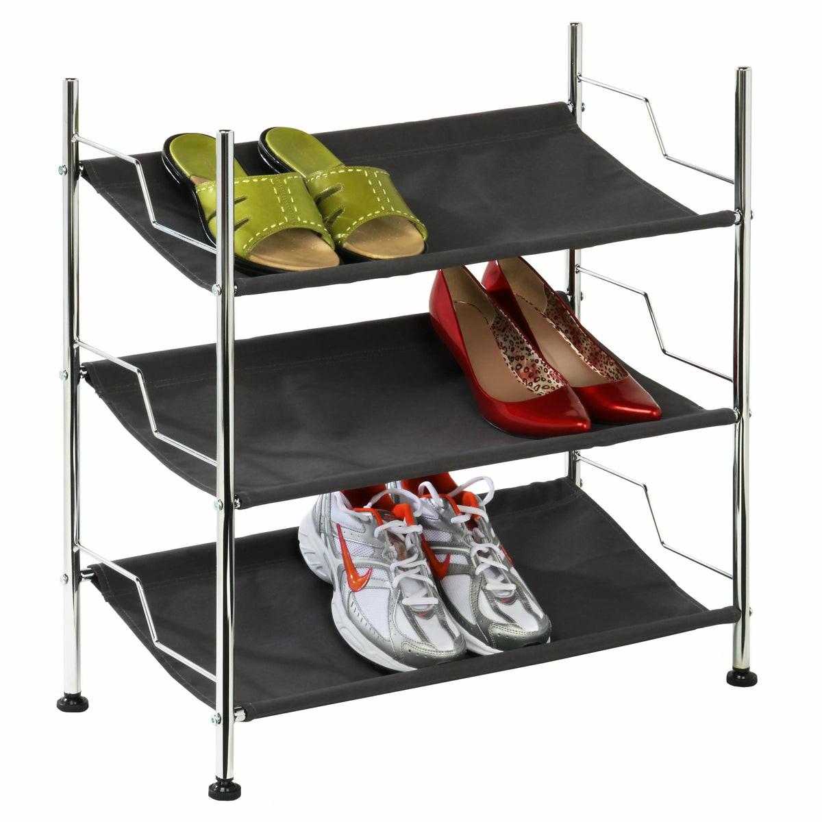 Black/Chrome 3-Tier Shoe Rack Closet