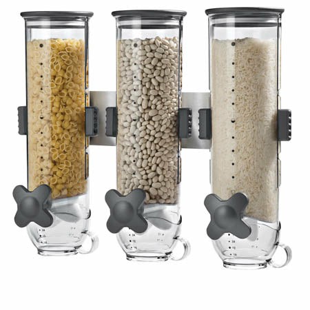 Black/Clear Wall Mount Triple Canister Cereal Dispenser Food Dispensers