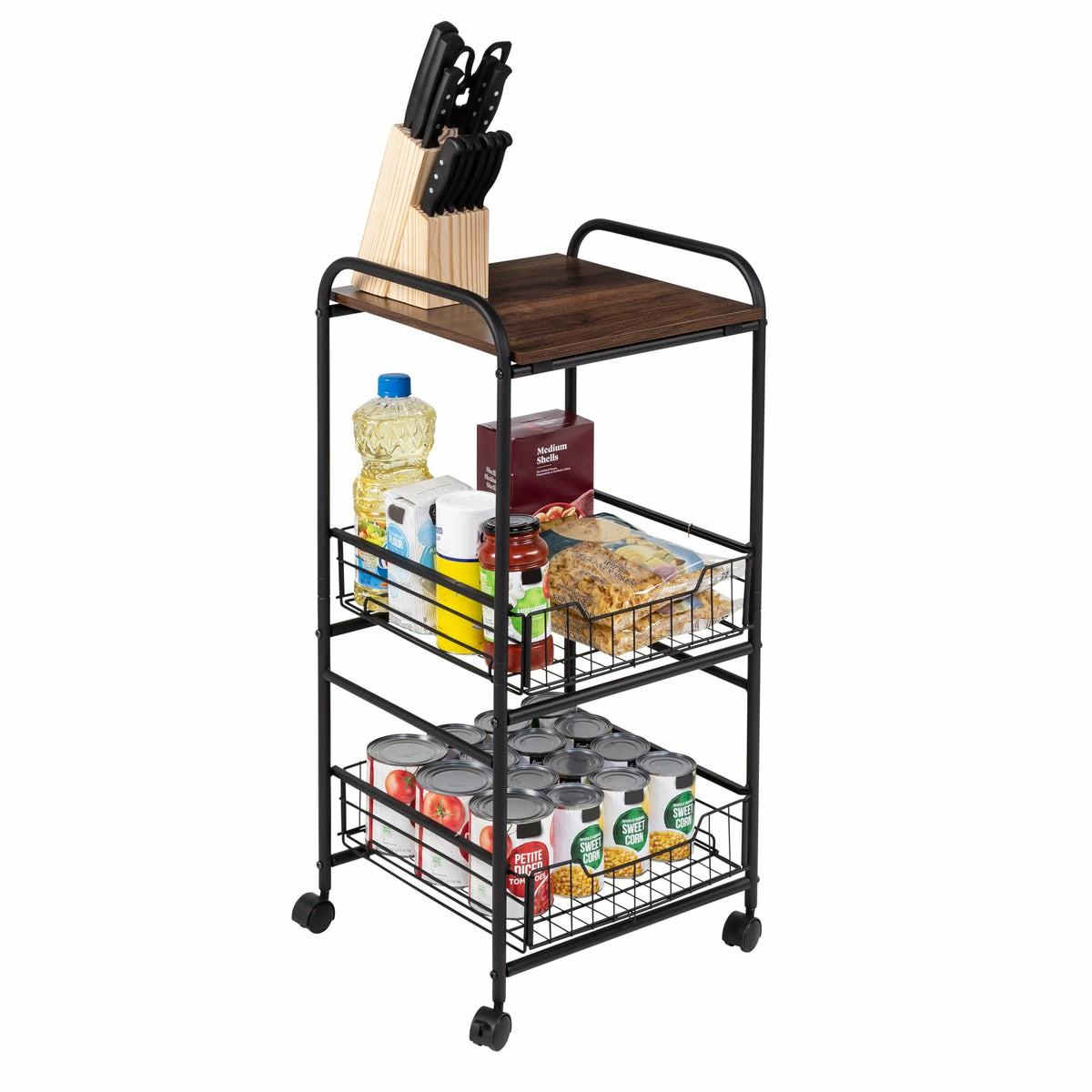 Black/Natural 3-Tier Slim Rolling Cart With Metal Basket Drawers Baker's Racks & Carts