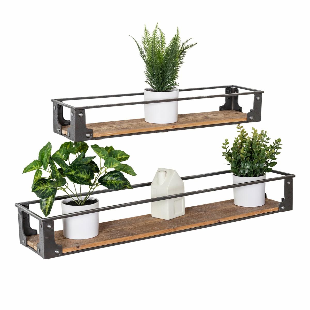 Black/Natural Floating Metal And Wood Wall Shelves (Set Of 2) Decorative Accents