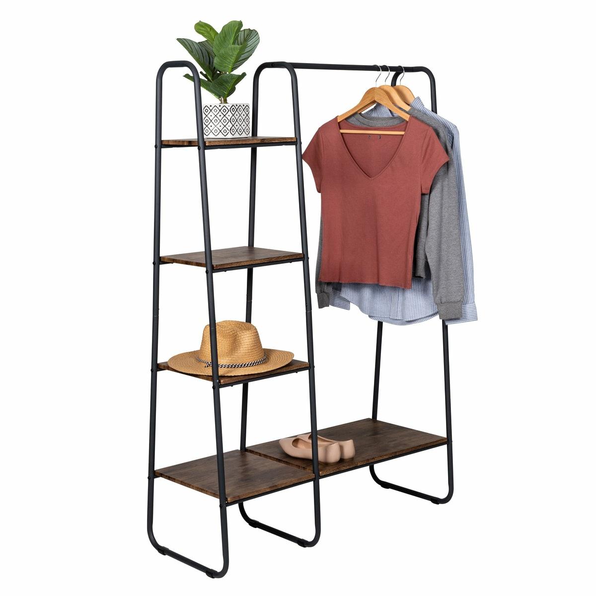 Black/Natural Freestanding Metal Clothing Rack With Wood Shelves Closet