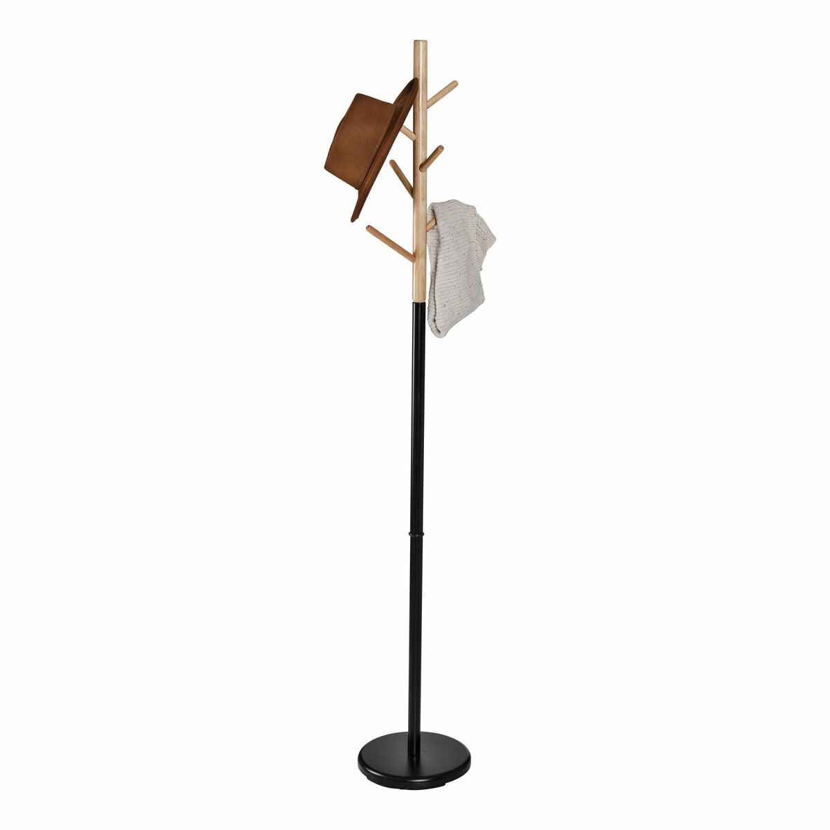 Black/Natural Wood Modern Coat Tree Stand Closet