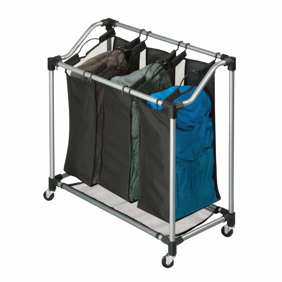 Black/Silver Rolling Triple Laundry Sorter Hampers & Sorters