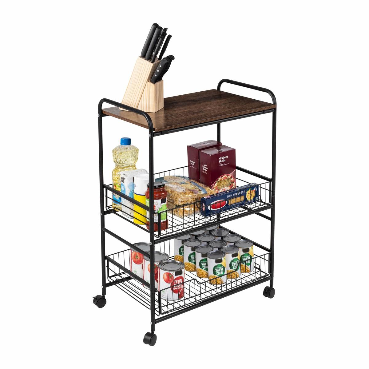 Black/Walnut 3-Tier Cart With Wood Shelf And Pull-Out Baskets Baker's Racks & Carts