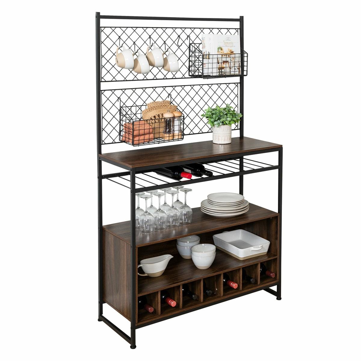 Black/Walnut Kitchen Bakers Rack With Wine Storage Baker's Racks & Carts