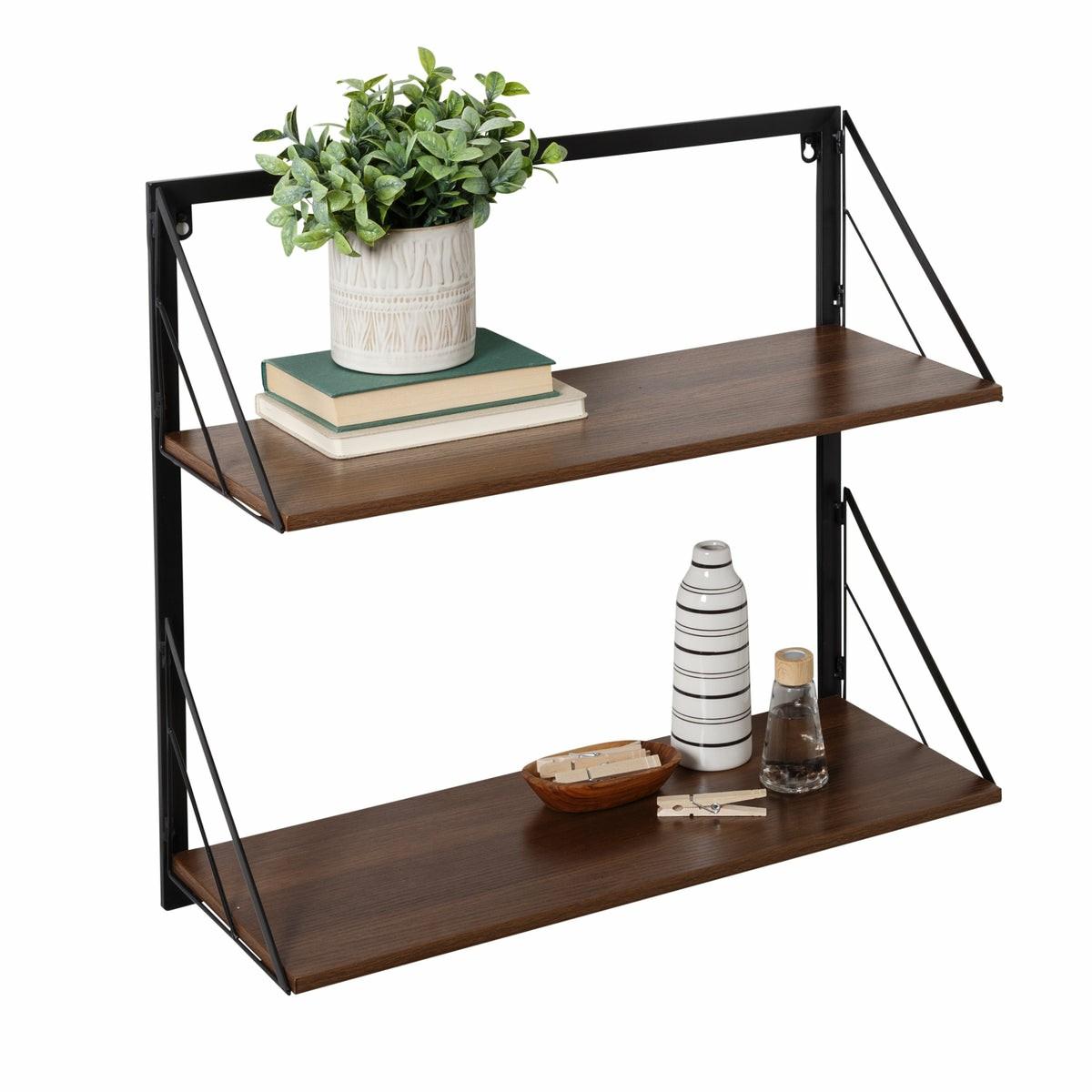 Black/Walnut Modern 2-Tier Wall Shelf With Easy To Hang Design Home Décor