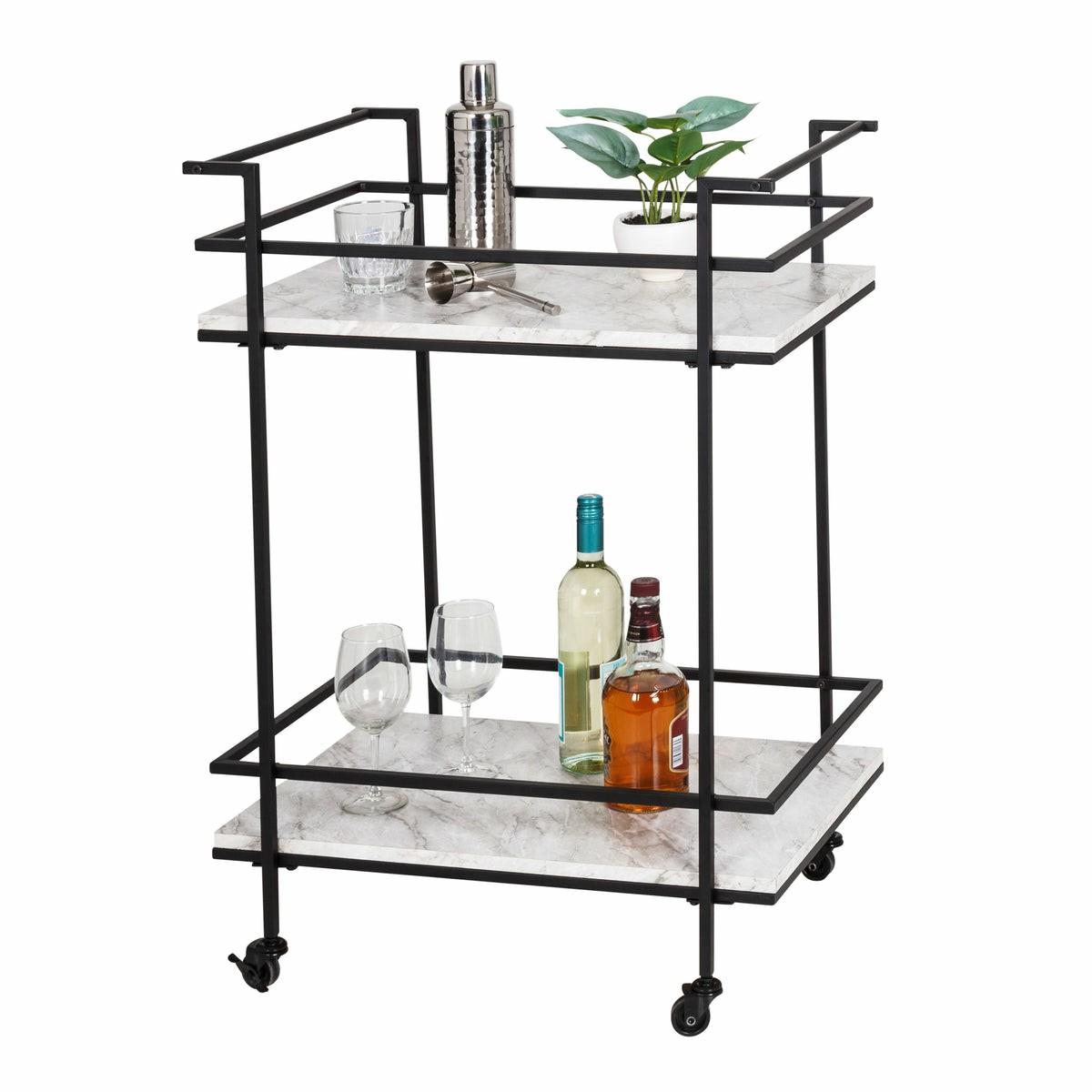 Black/White Faux Marble 2-Tier Bar And Serving Cart Baker's Racks & Carts