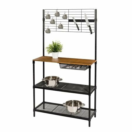 Black/Wood Baker’s Rack With Cutting Board And Hanging Grid Baker's Racks & Carts