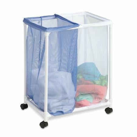 Blue/White Mesh 2-Bag Rolling Laundry Sorter Hampers & Sorters