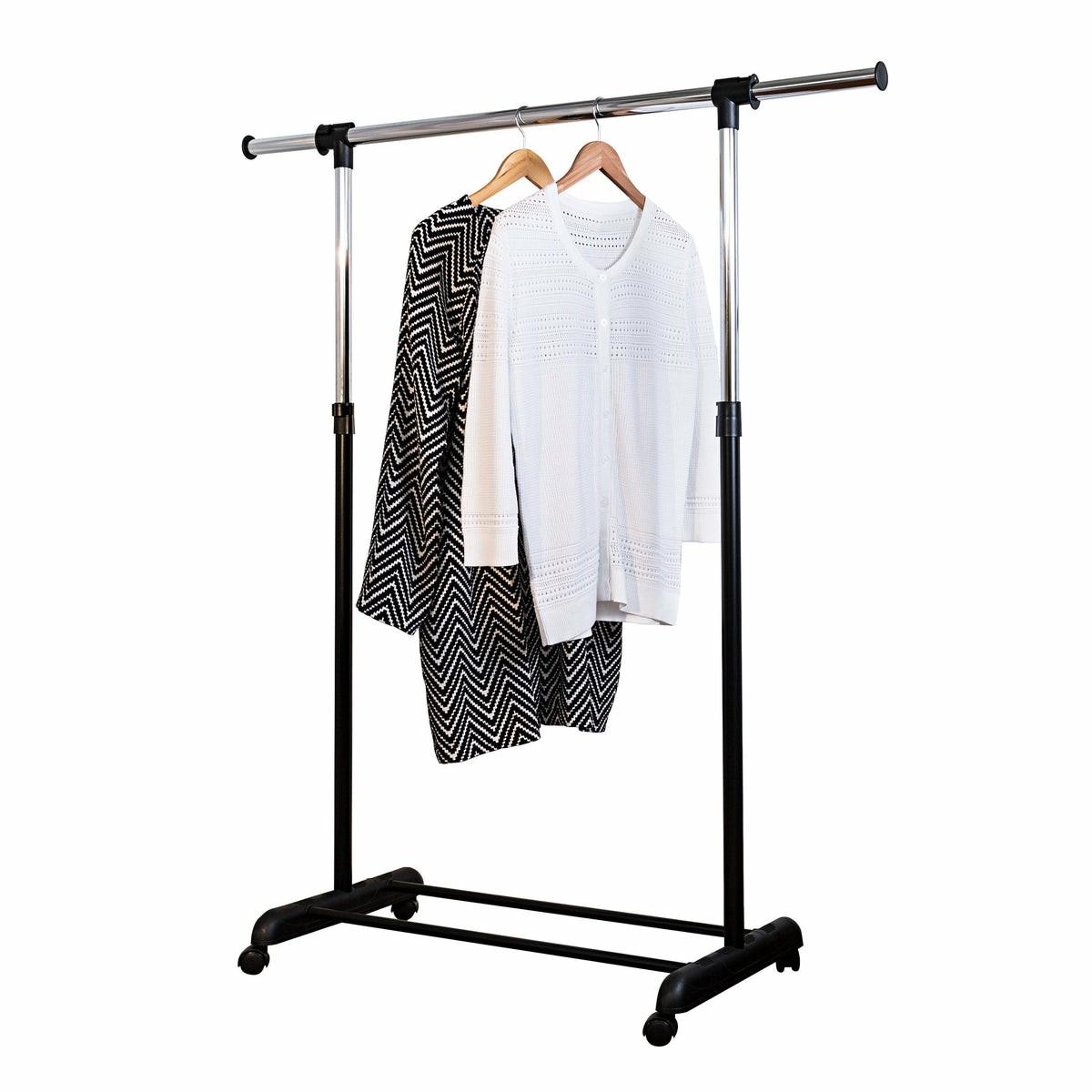 Chrome Adjustable Height And Width Rolling Metal Clothes Rack Closet