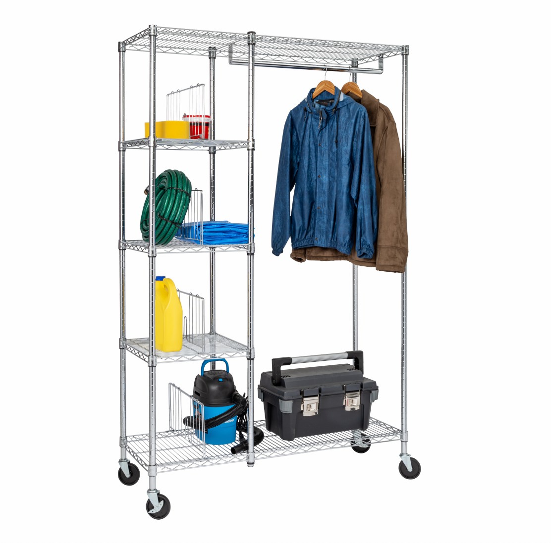 Chrome Rolling Closet With Garment Bar And Shelves Closet