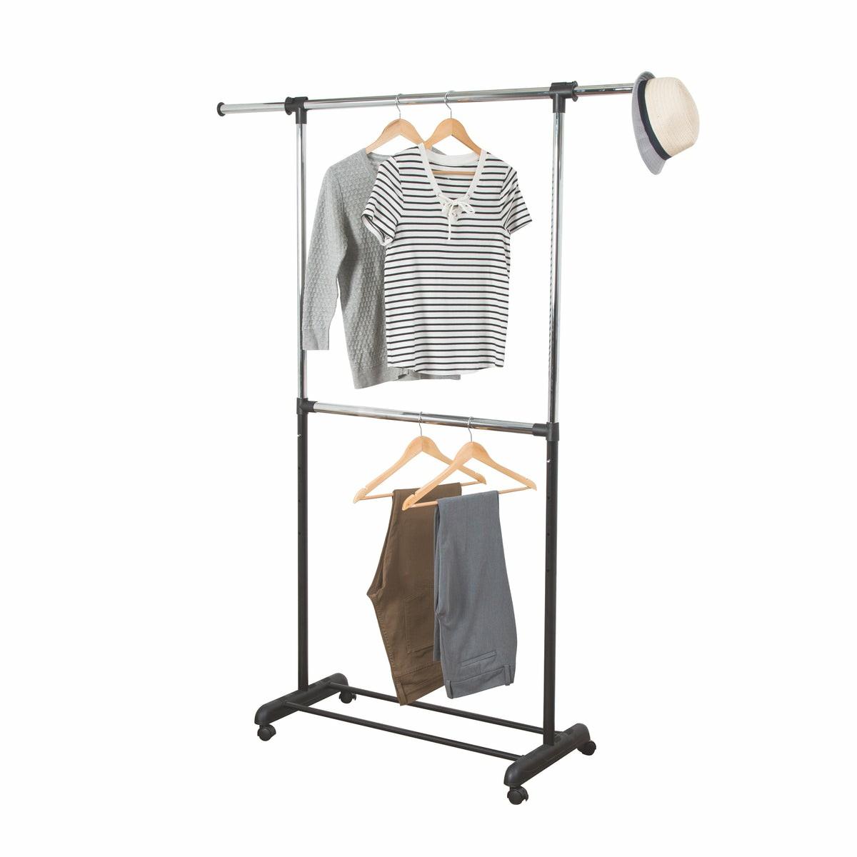 Chrome/Black Expandable Dual Rod Rolling Clothes Rack Closet