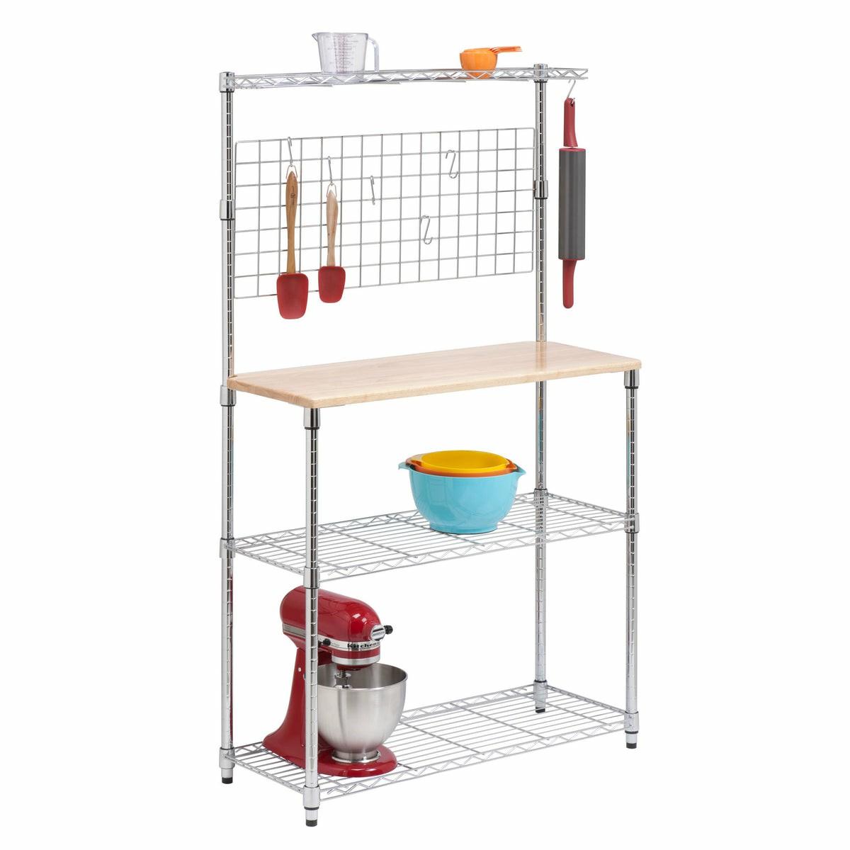 Chrome/Natural 4-Tier Baker’s Rack With Hanging Grid Storage Baker's Racks & Carts