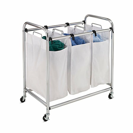 Chrome/White Rolling Triple Laundry Sorter Hampers & Sorters