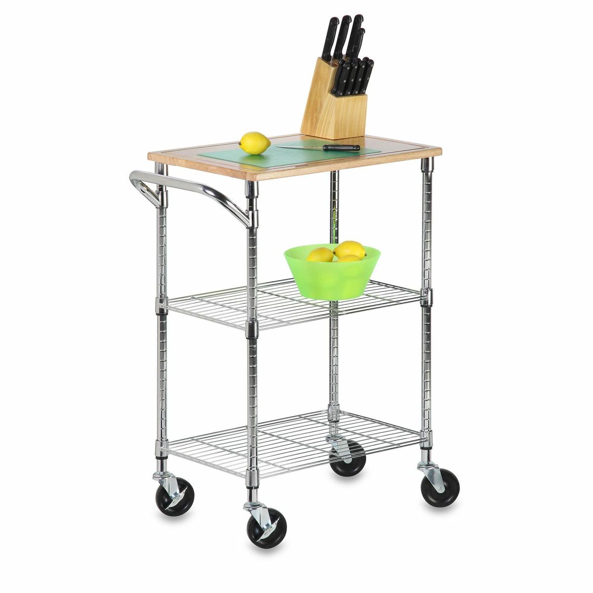 Chrome/Wood 3-Tier Kitchen Cart With Cutting Board Baker's Racks & Carts