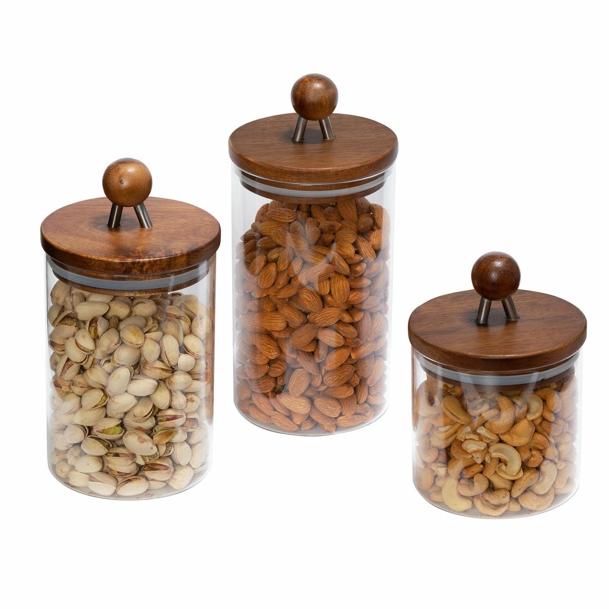 Clear/Acacia Top Glass Kitchen Canisters (3-Piece Set) Kitchen