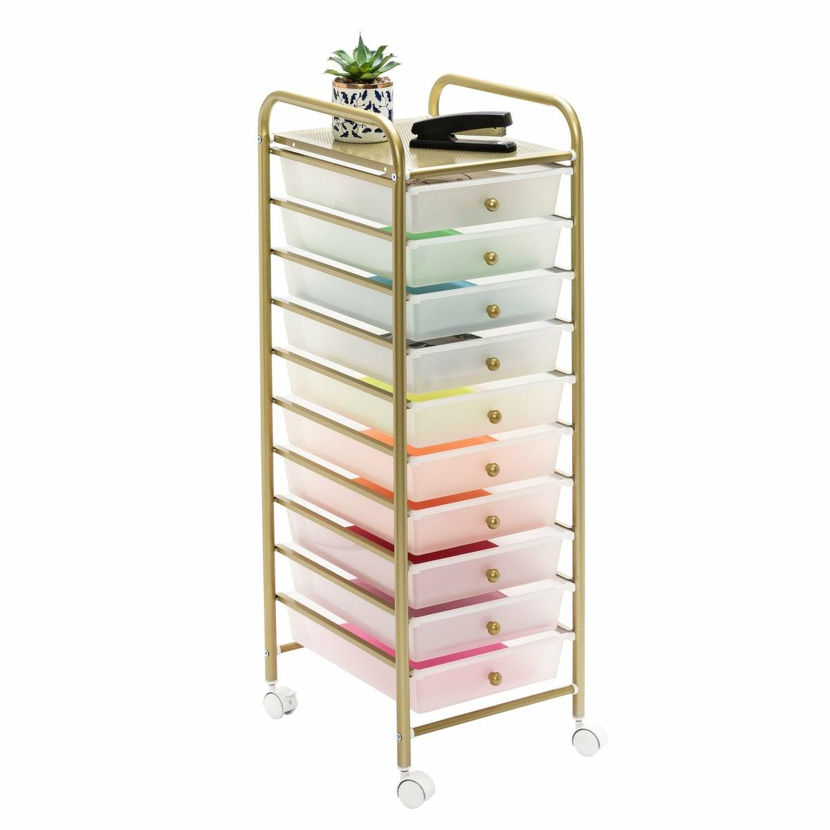 Clear/Gold Plastic 10-Drawer Rolling Storage Cart Carts