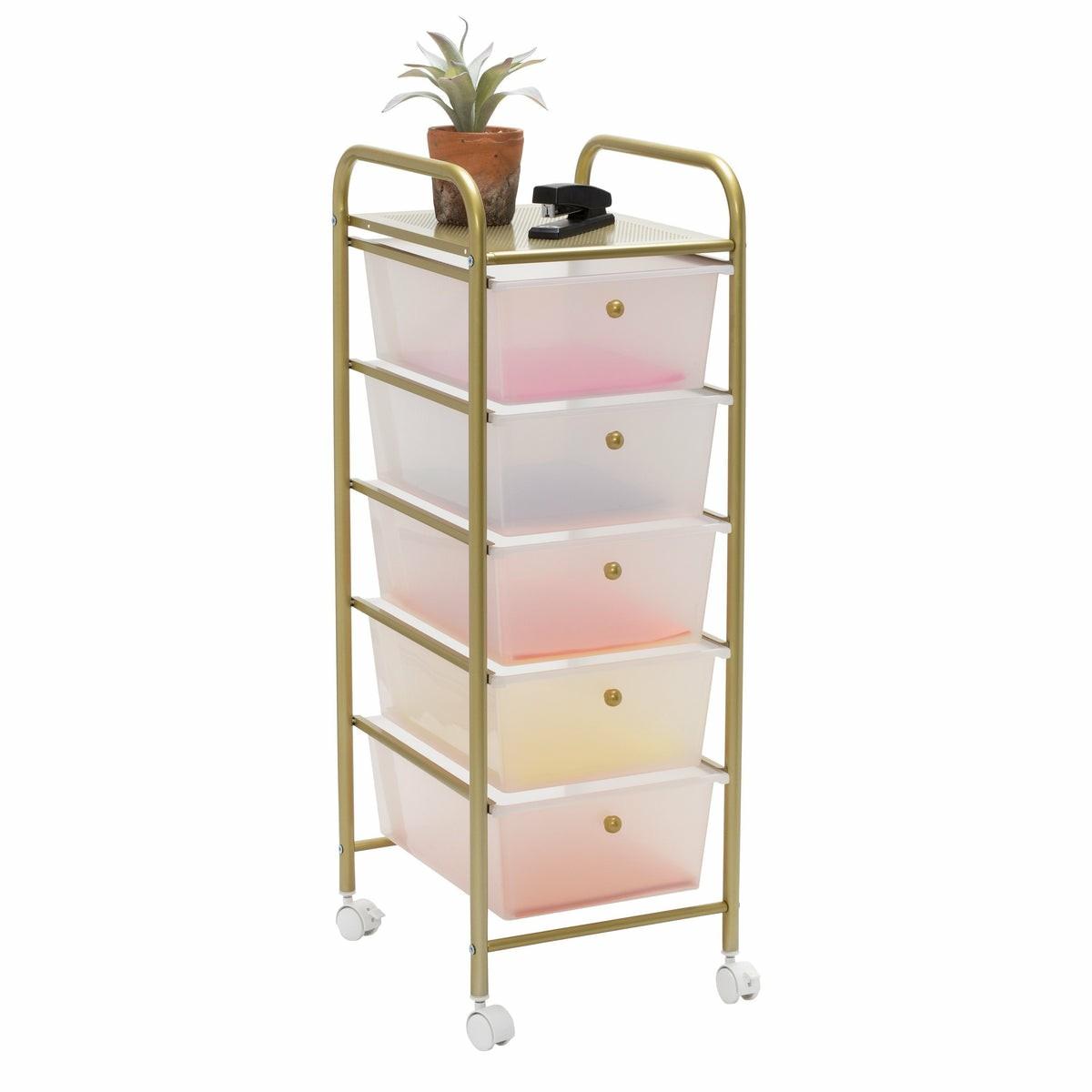 Clear/Gold Plastic 5-Drawer Rolling Storage Cart Carts