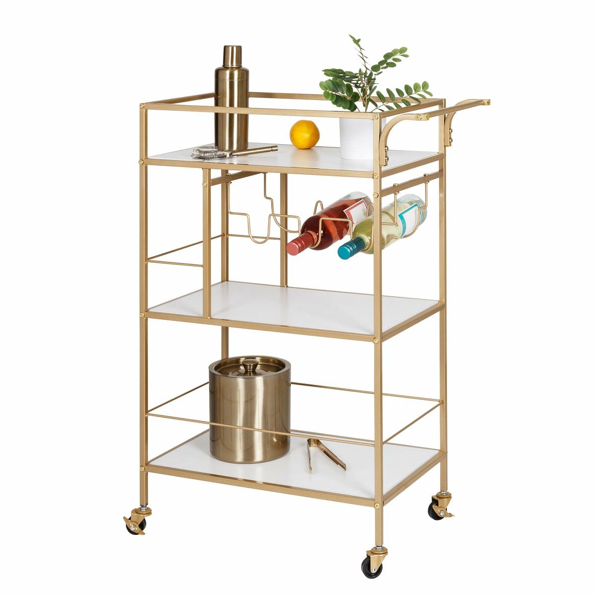 Gold/White 3-Tier Rolling Bar Cart With Rack And Handle Baker's Racks & Carts