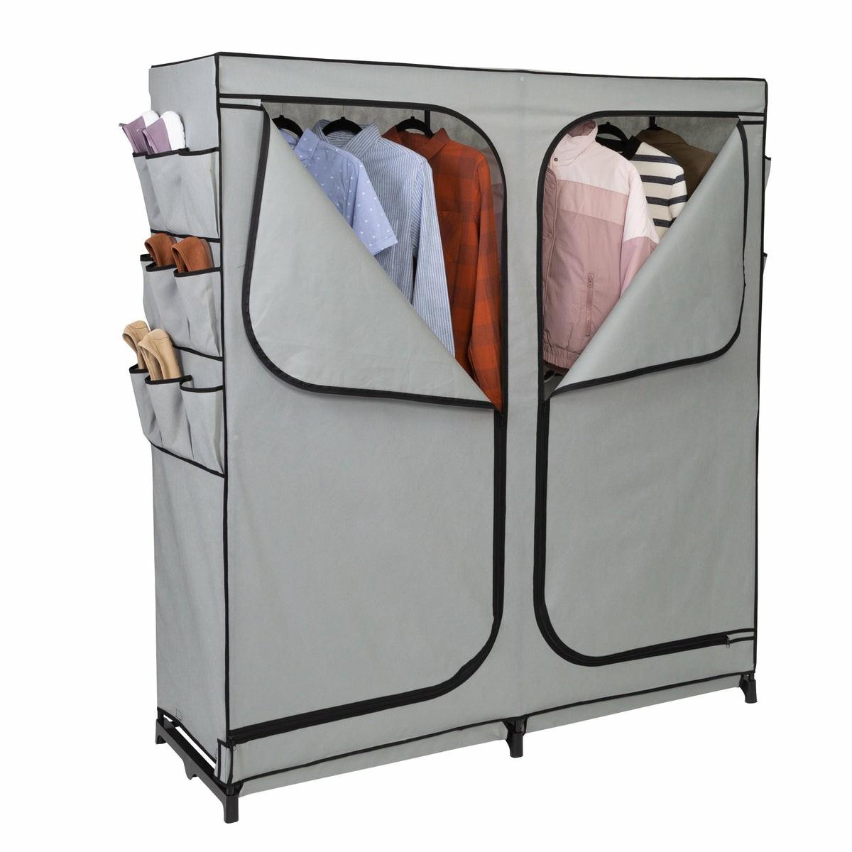 Gray 60-Inch Wide 2-Door Portable Wardrobe Closet With Side Pockets Closet