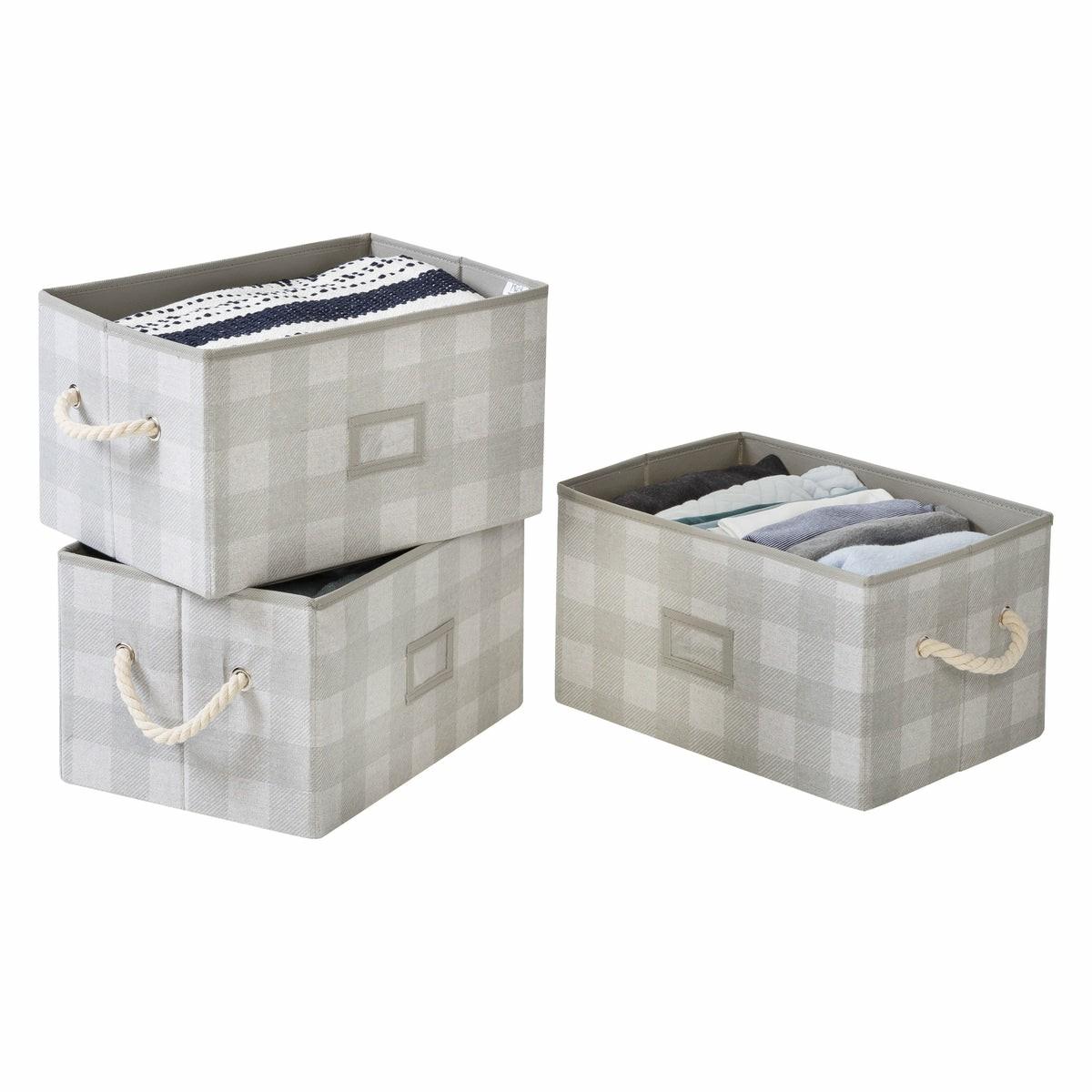 Gray Plaid Folding Large Fabric Storage Bins With Handles (Set Of 3) Baskets, Boxes, & Totes