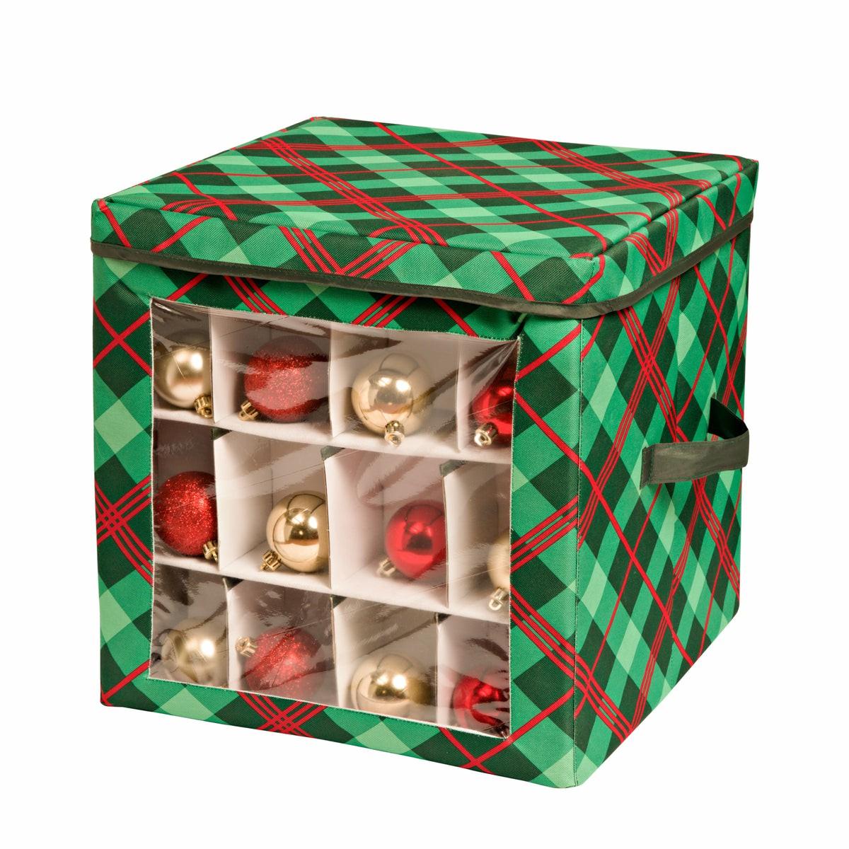 Green Plaid 48-Ornament Storage Box Holiday Décor Storage