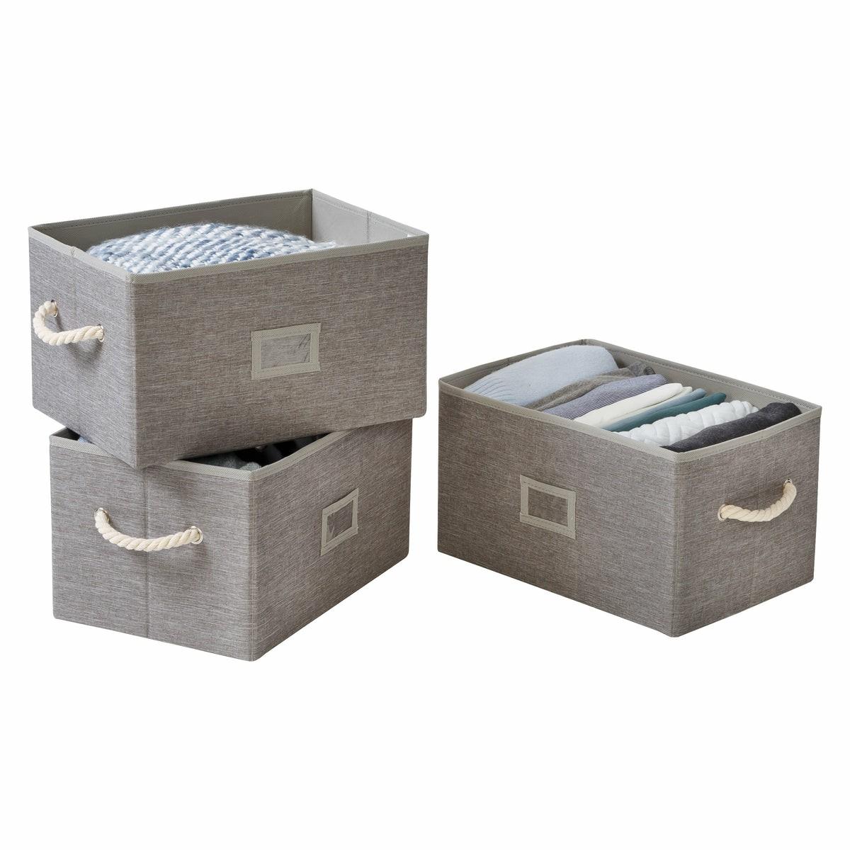 Heather Gray Folding Large Fabric Storage Bins With Handles (Set Of 3) Closet