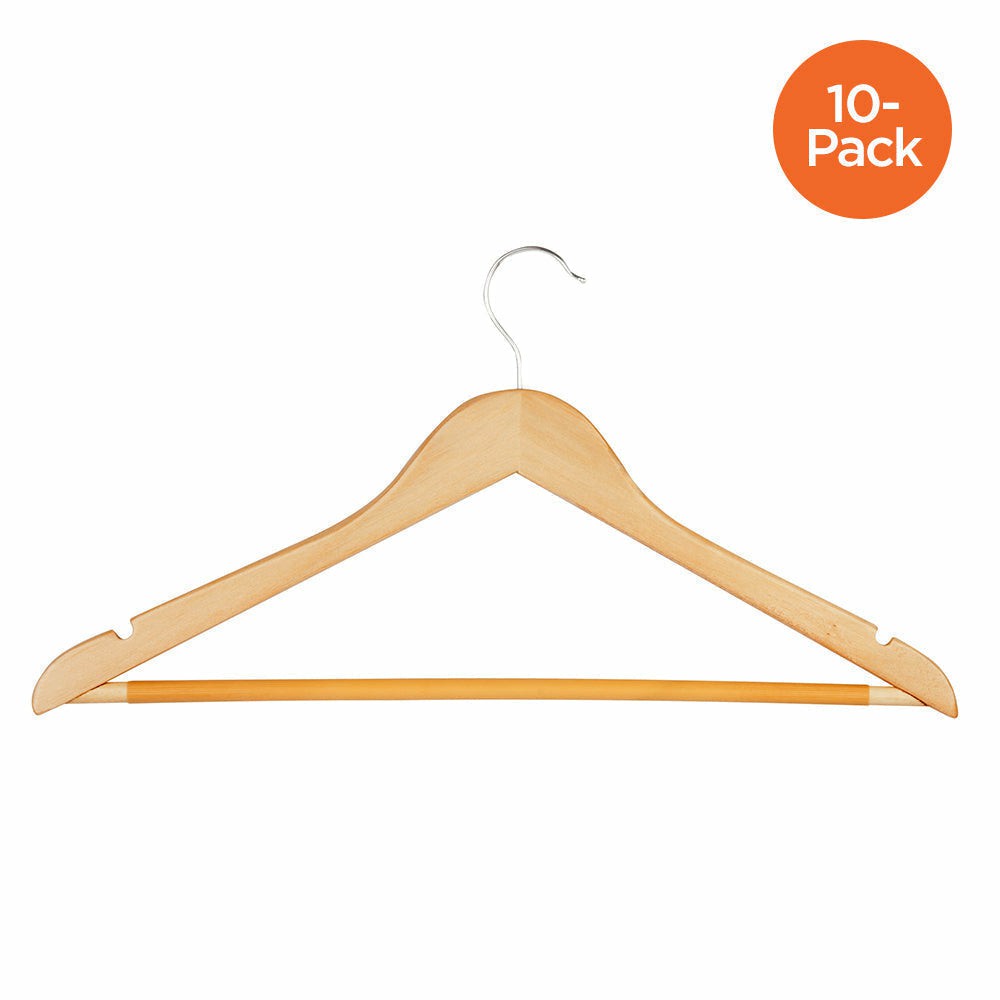 Maple Finish Wood Suit Hangers With Pants Bar (10-Pack ) Hangers