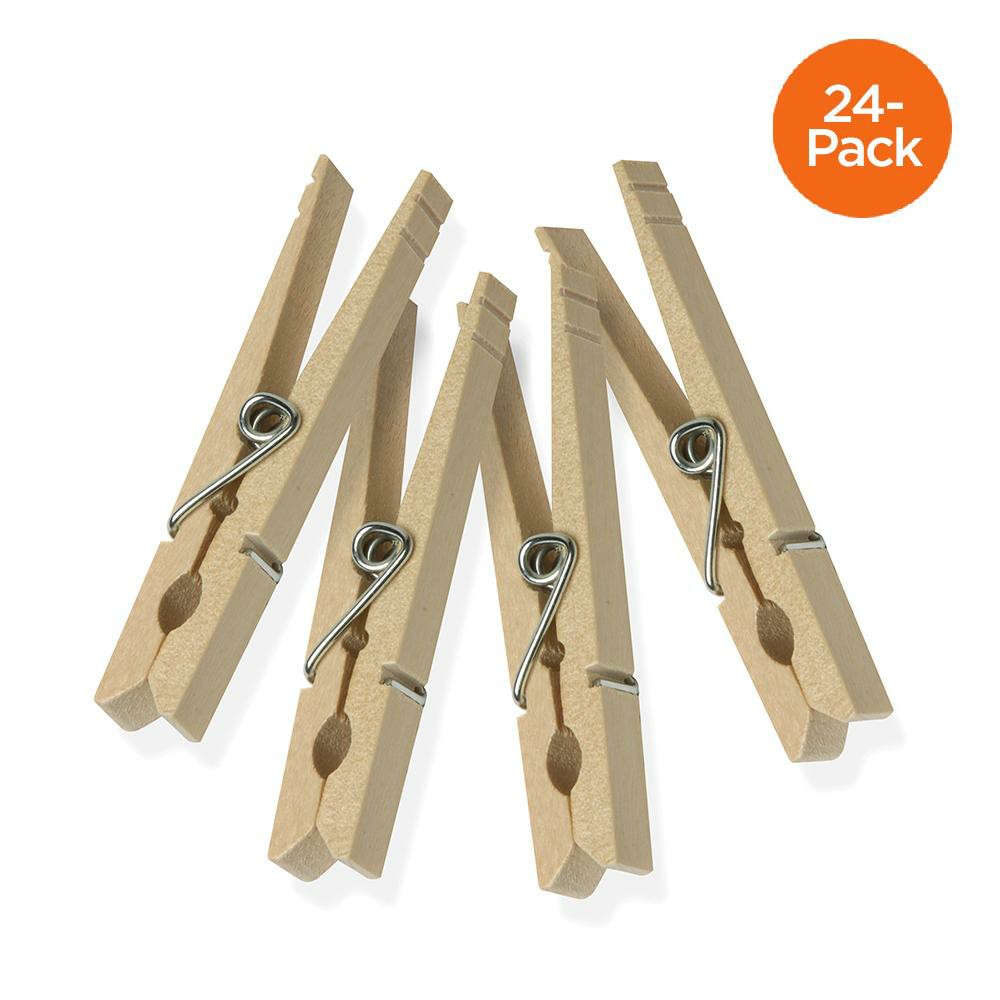 Natural Wood Spring-Loaded Clothespins (24-Pack) Clothesline Drying