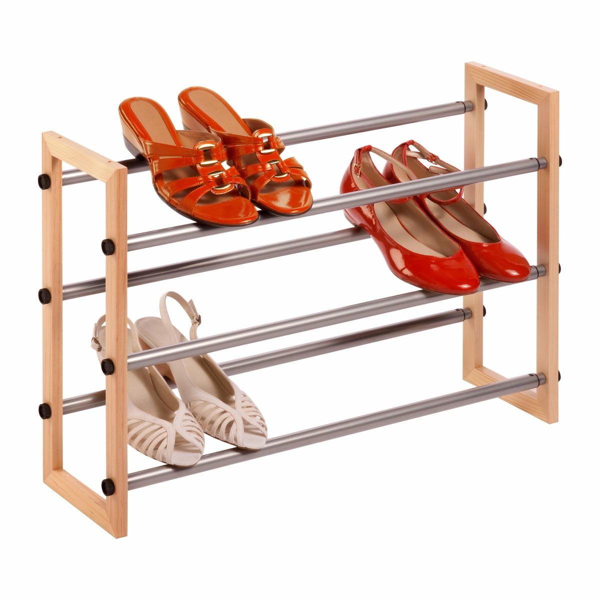 Natural/Chrome Expandable 3-Tier Shoe Rack Closet