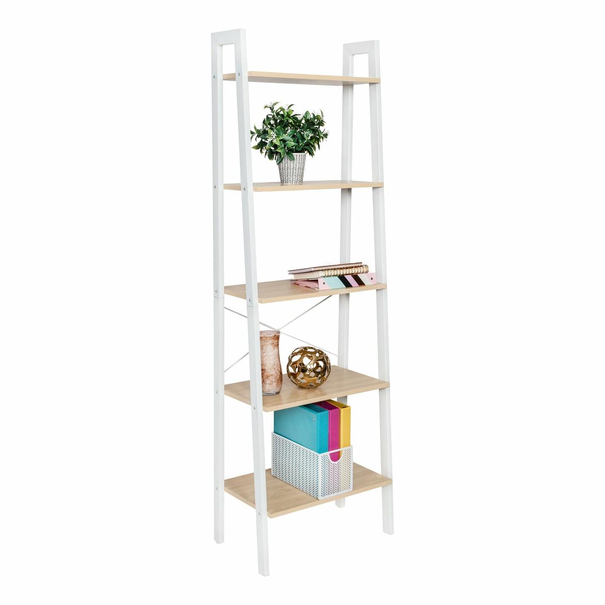 Natural/White 5-Tier Wood And Metal A-Frame Ladder Shelf Accent Furniture