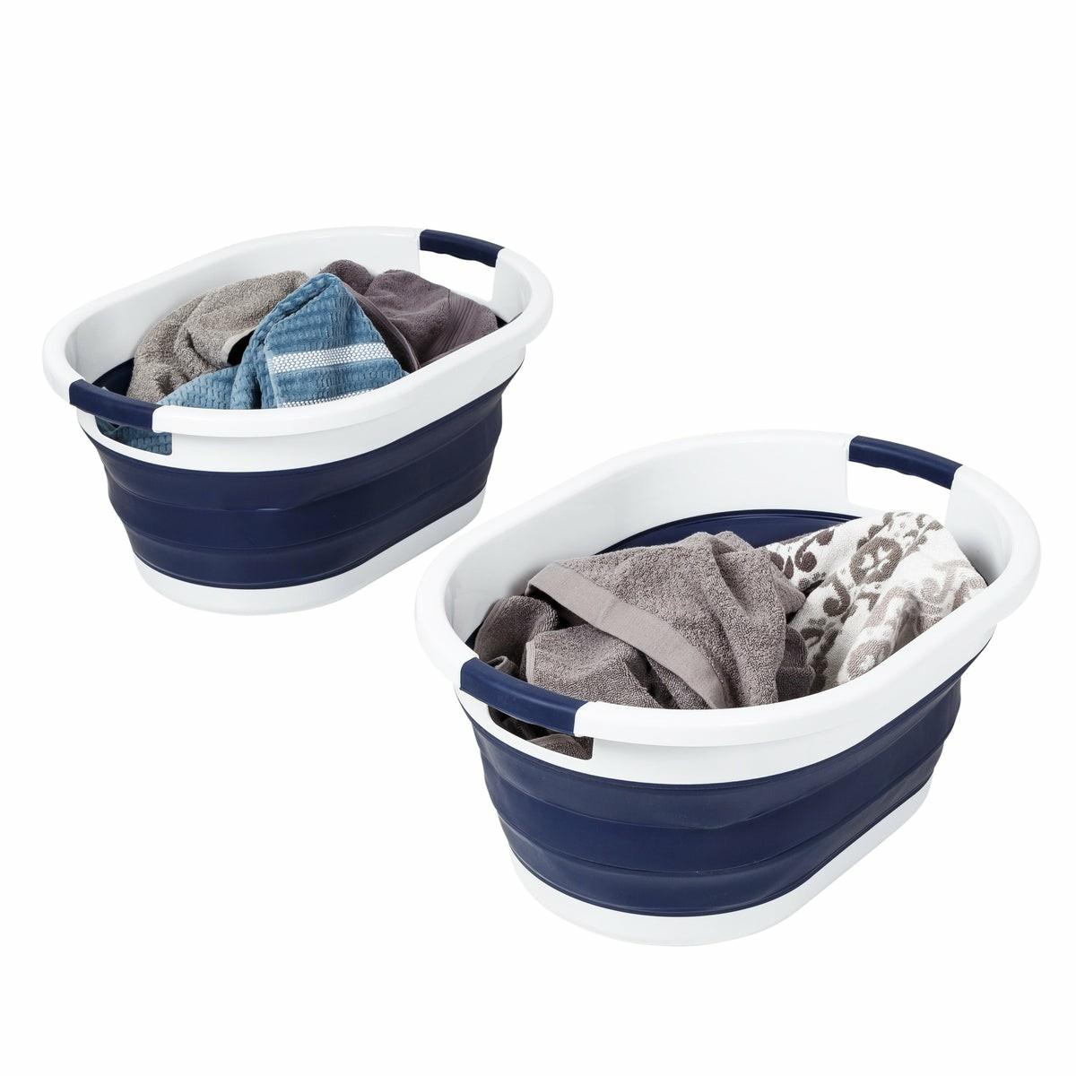 Navy Blue/White Collapsible Rubber Laundry Baskets (Set Of 2) Hampers & Sorters