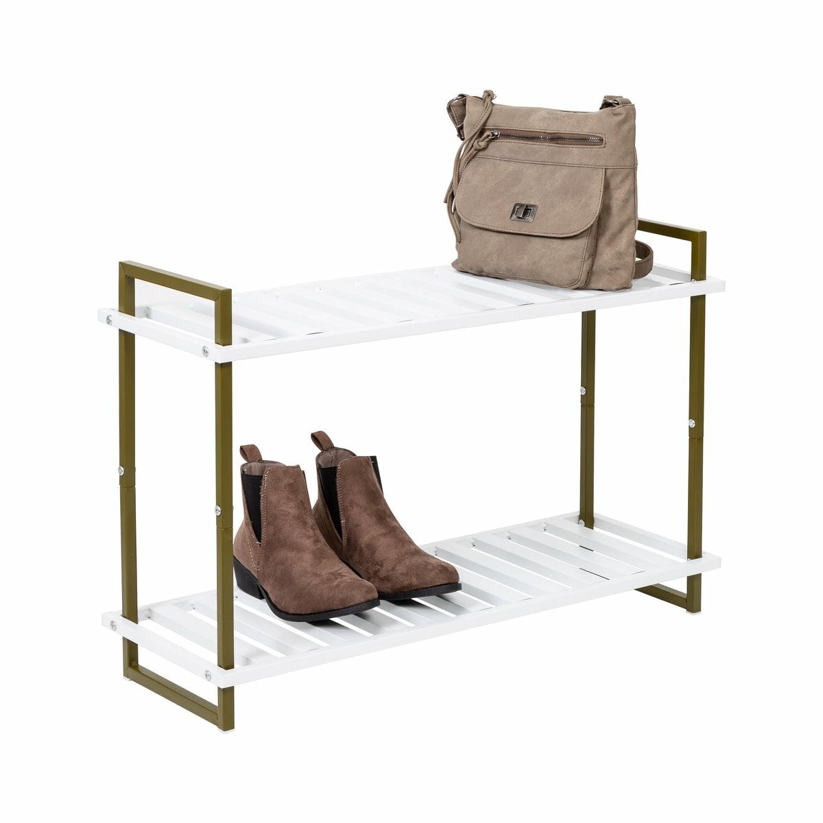 Olive/White 2-Tier Metal Shoe Rack Closet