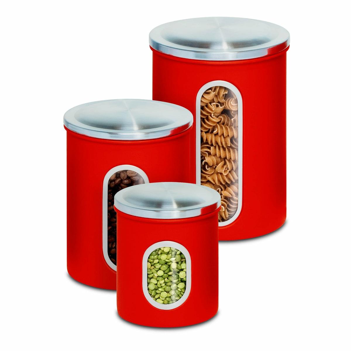 Red Steel Canister Set With Windows (3-Piece Set) Kitchen