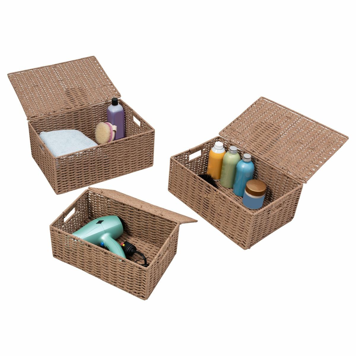 Taupe Paper Rope Basket Set With Lids (Set Of 3) Baskets, Boxes, & Totes