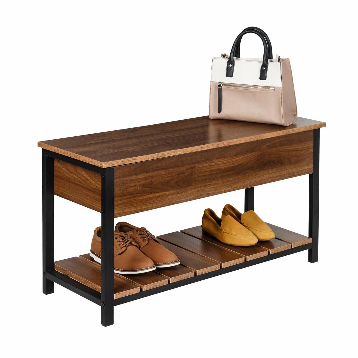 Walnut/Black Bench With Open-Top And Shoe Storage Entryway Furniture