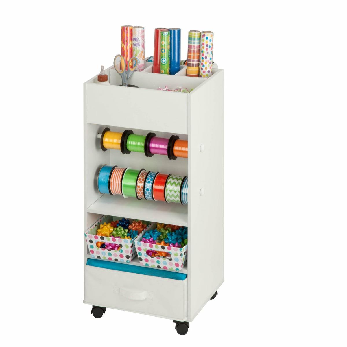 White Gift Wrap Or Craft Storage Cart With Fabric Bin Carts