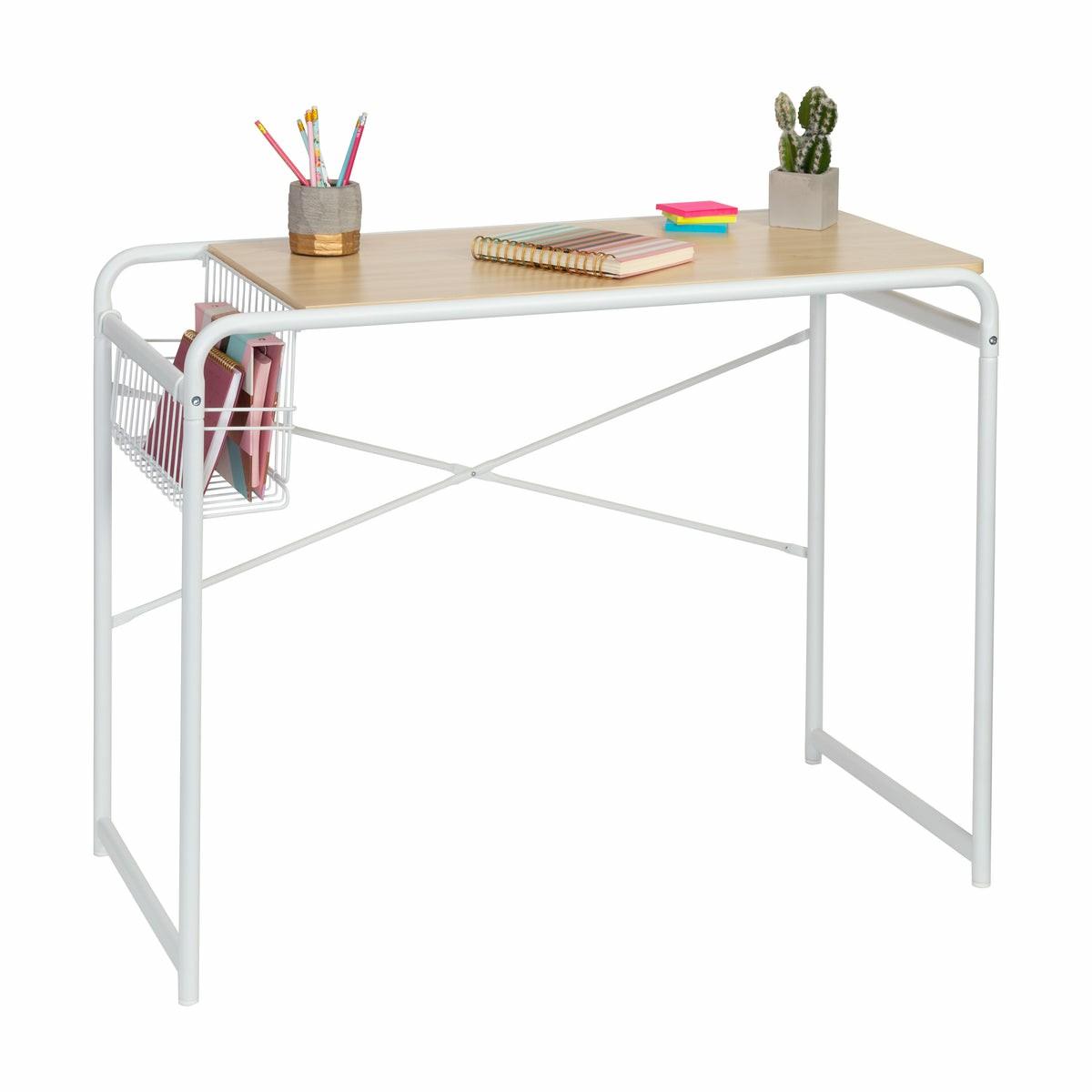 White Home Office Computer Desk With Side Basket Desks, Laptop Desks, & Accessories