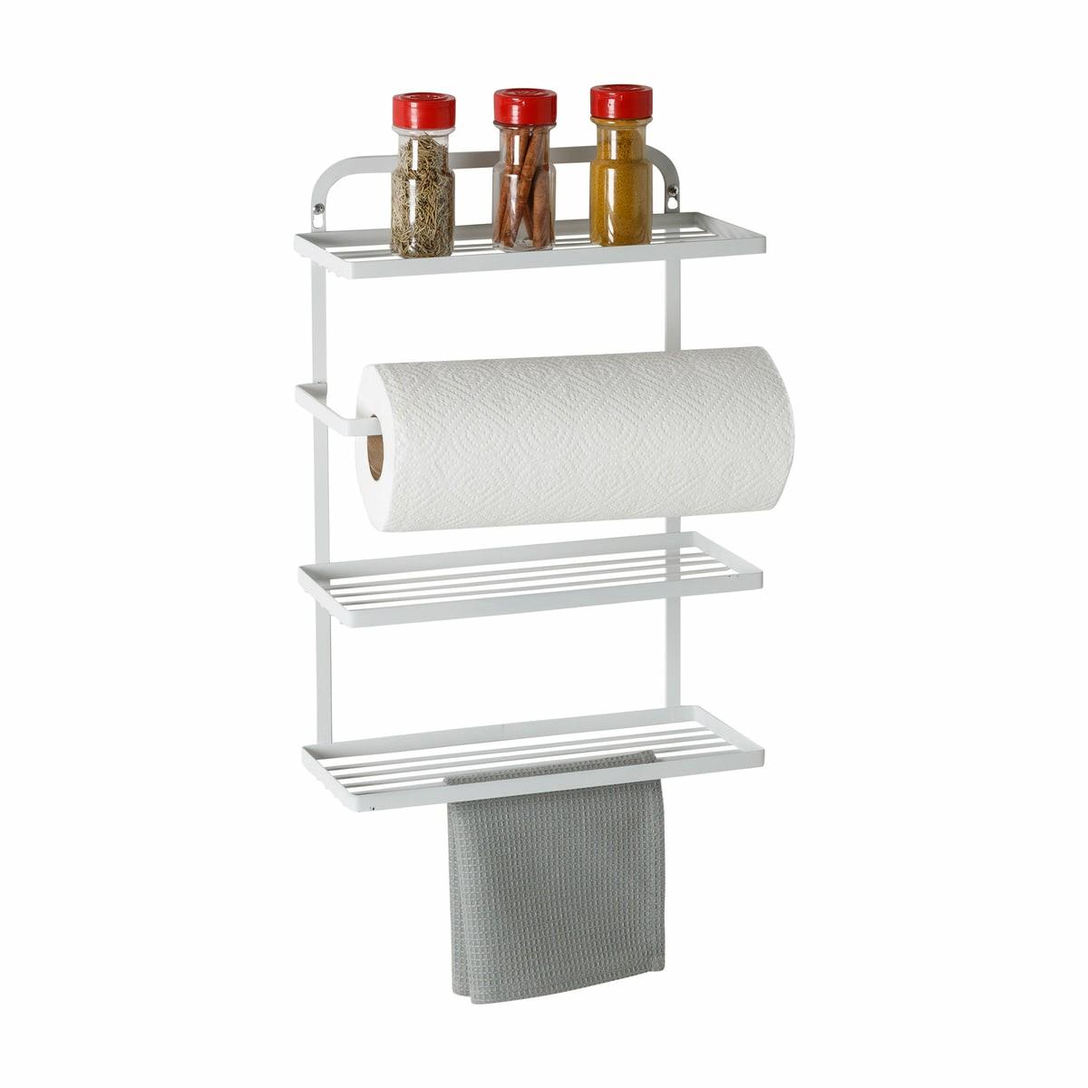 White Steel Hanging Spice Rack With Paper Towel Holder Kitchen