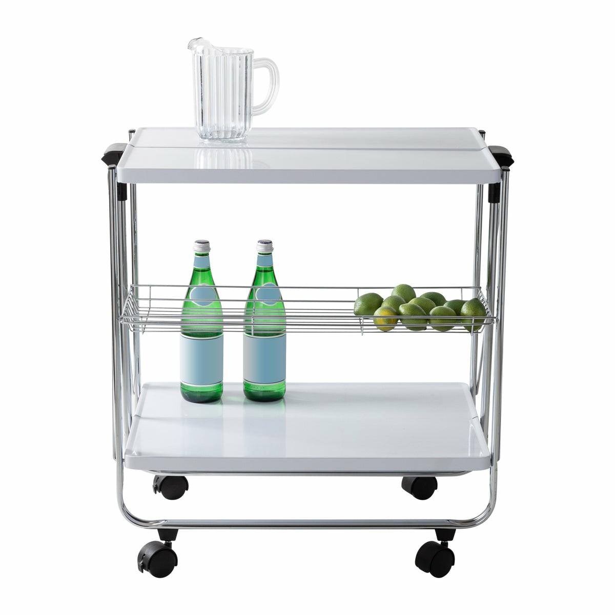 White/Chrome Folding Kitchen Cart With Metal Basket Baker's Racks & Carts